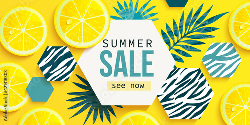 Summer sale horizontal banner with fresh lemon, tropical leaves and hexagons with animal zebra print. Bright tasty poster, flyer with invitation for shopping. Template offer of discounts deals.Vector
