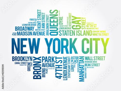 List of streets in New York City, word cloud collage, business and travel concept background