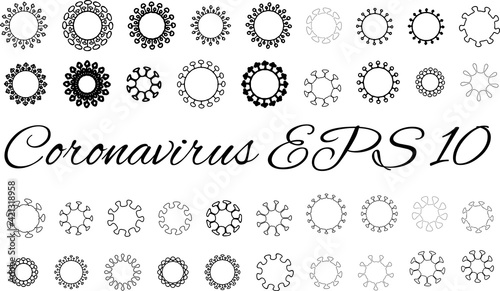 Set of hand drawn coronavirus icons. Black and white doodle line art collection. Vector, eps10.