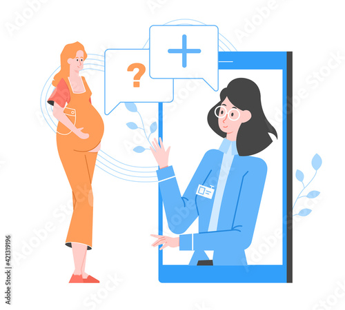 Pregnant woman on an online consultation with a doctor. Clinic in a mobile phone. Health care, pregnancy management, answers and questions. Vector flat illustration.