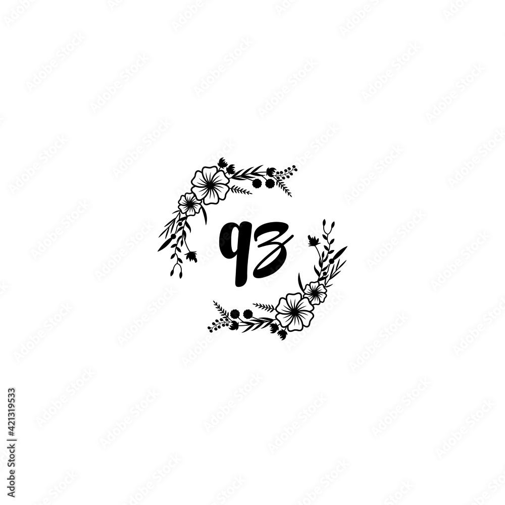 QZ initial letters Wedding monogram logos, hand drawn modern minimalistic and frame floral templates
