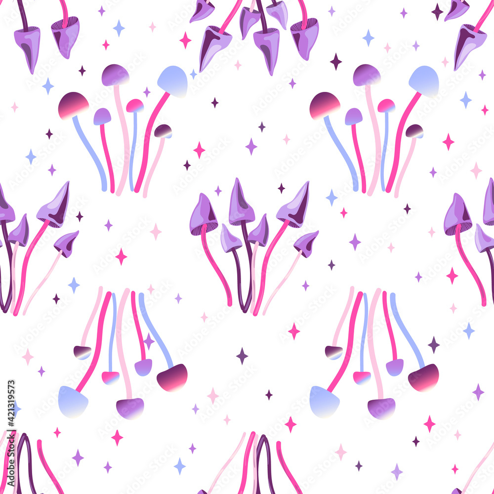Seamless pattern with magic mushrooms on a white background. Fantastic, unreal, mystical, alien mushrooms. Vector illustration Seamless pattern with magic mushrooms on a white background. Fantastic, unreal, mystical, alien mushrooms. Vector illustration