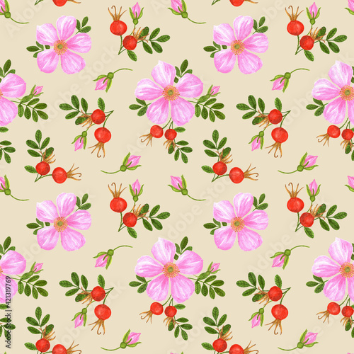 Rosehip seamless pattern on beige background © Елизавета Якубчак