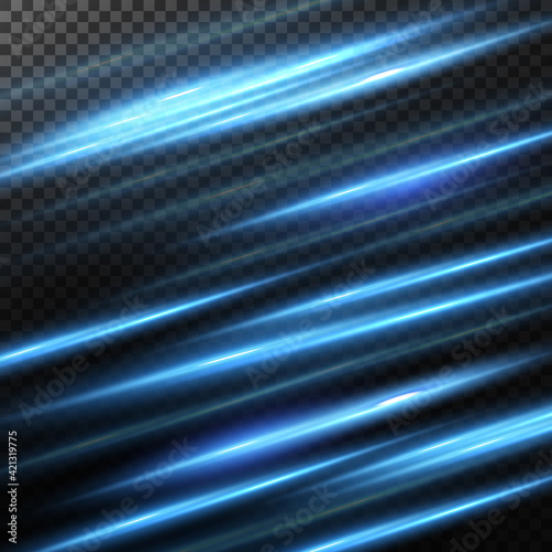 Motion light effect for banners. Blue lines. The effect of speed on a blue background. Red lines of light, speed and movement. Vector lens flare.