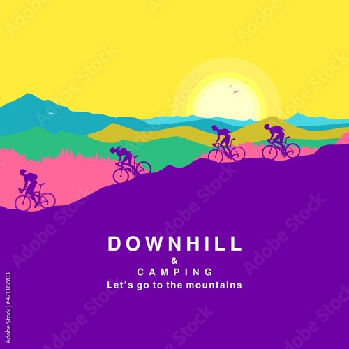 Environmental cycling travelers. Abstract banner skyline vector illustration. Cyclist silhouettes descending on bicycles from the hill.