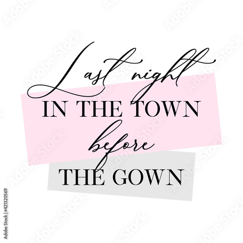 Bachelorette party, hen party or bridal shower handwritten calligraphy card, banner or poster graphic design lettering vector element. Last night in the town before the gown quote