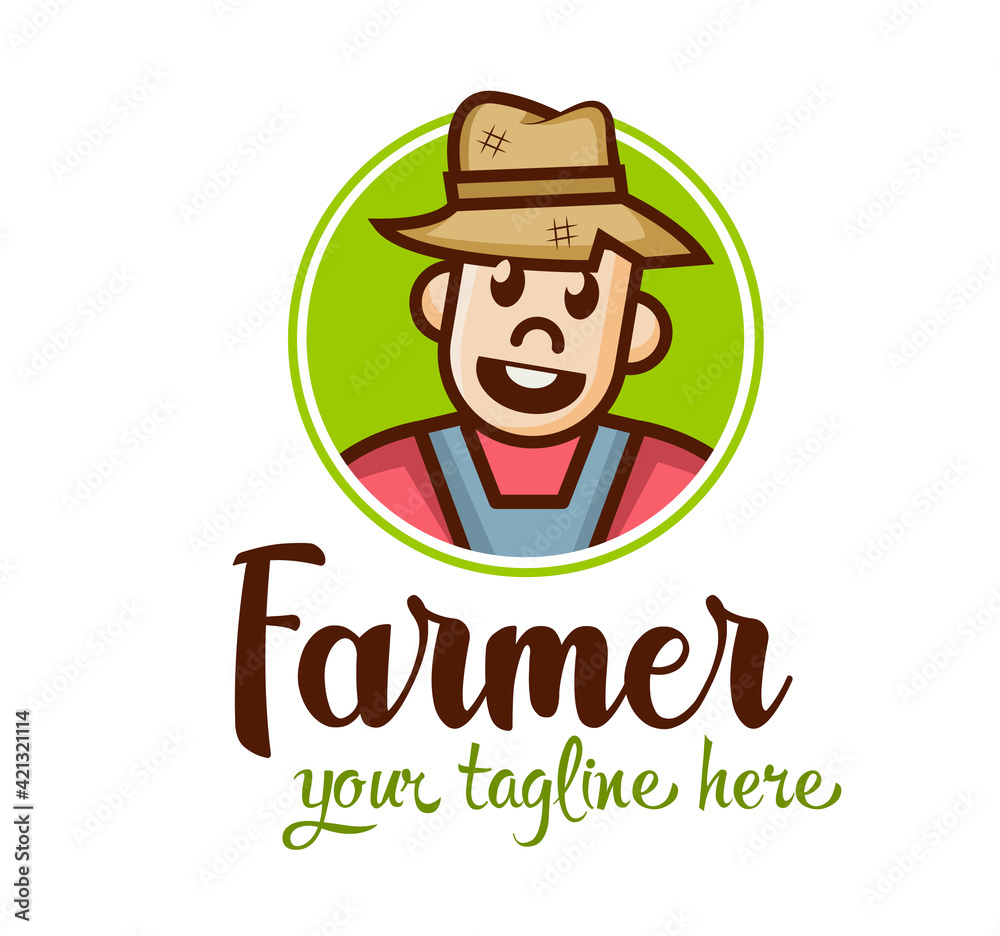 Flat cute funny farmer logo or gardener sign. Vector farm character. Agriculture concept.