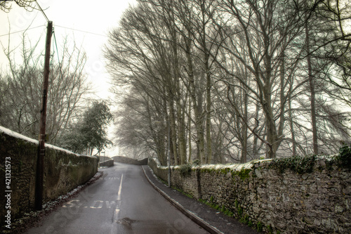 Picturesque Snowy Lane with Ancient Irish Stonework Walls and bare forest