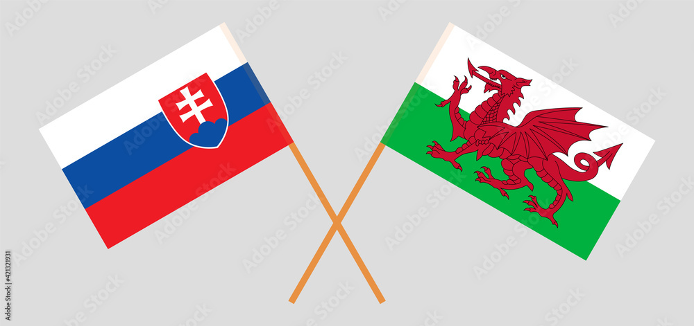 Crossed flags of Slovakia and Wales. Official colors. Correct proportion Crossed flags of Slovakia and Wales. Official colors. Correct proportion