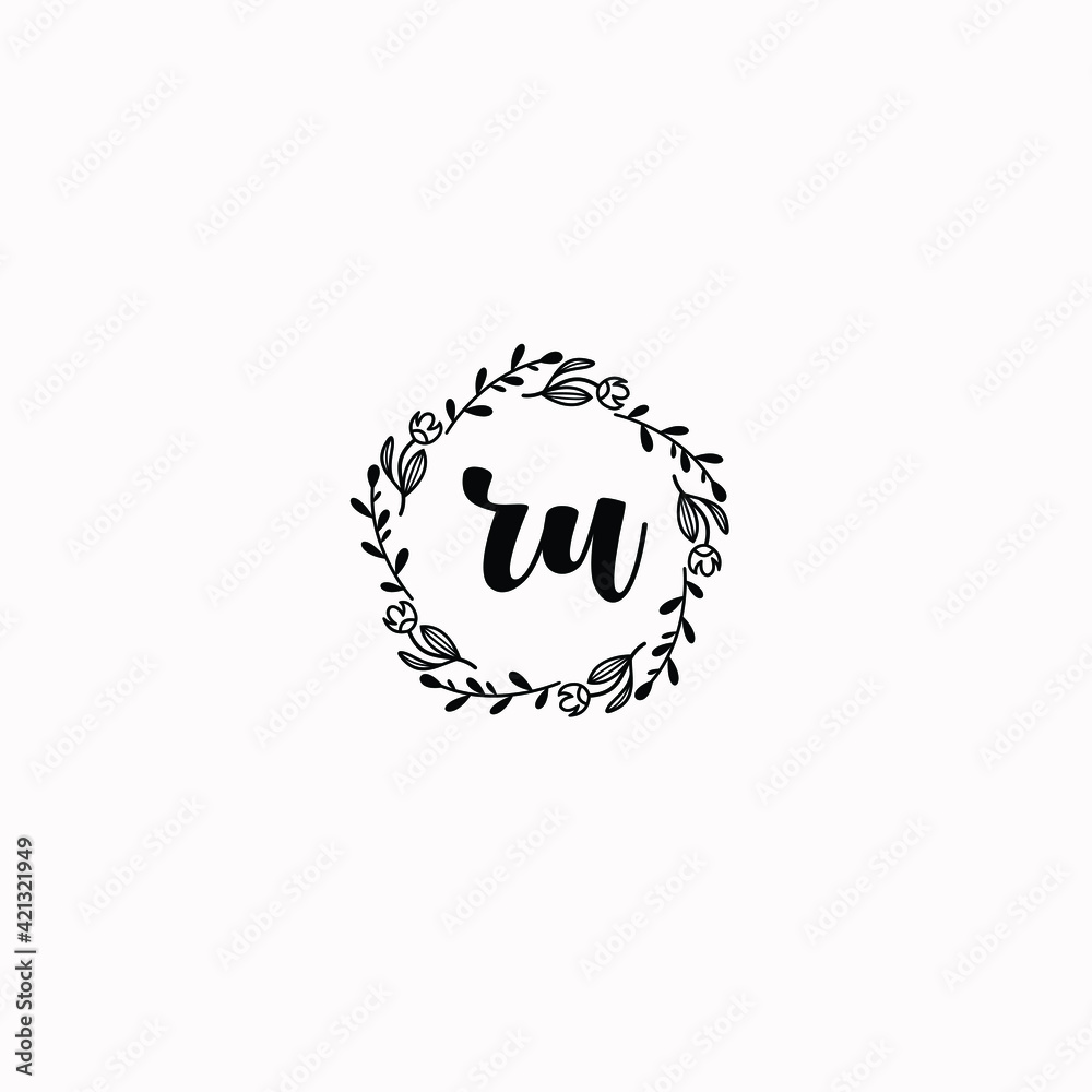 RU initial letters Wedding monogram logos, hand drawn modern minimalistic and frame floral templates