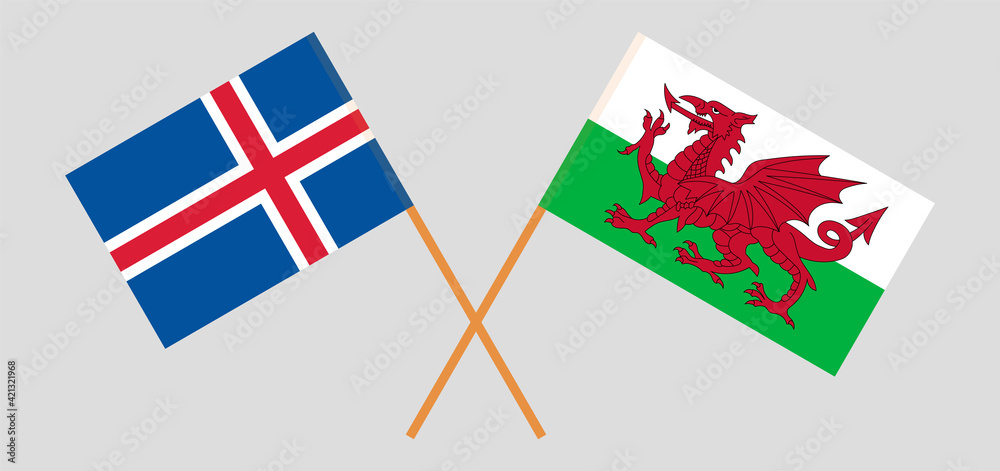 Crossed flags of Iceland and Wales. Official colors