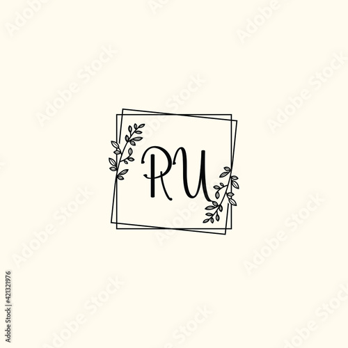RU initial letters Wedding monogram logos, hand drawn modern minimalistic and frame floral templates