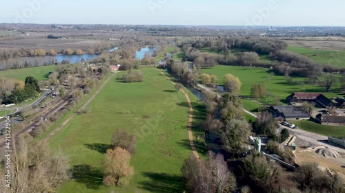 Aerial view Canterbury England picturesque green countryside above Chartham Kent towards river Stour photo