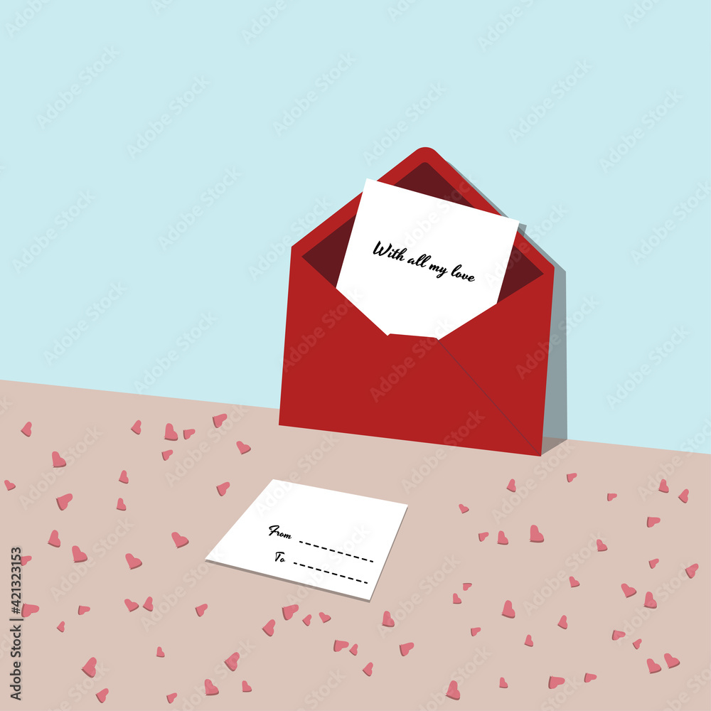 A letter about Love in the Red Envelope on the Heart-strewn Table. Vector A letter about Love in the Red Envelope on the Heart-strewn Table. Vector