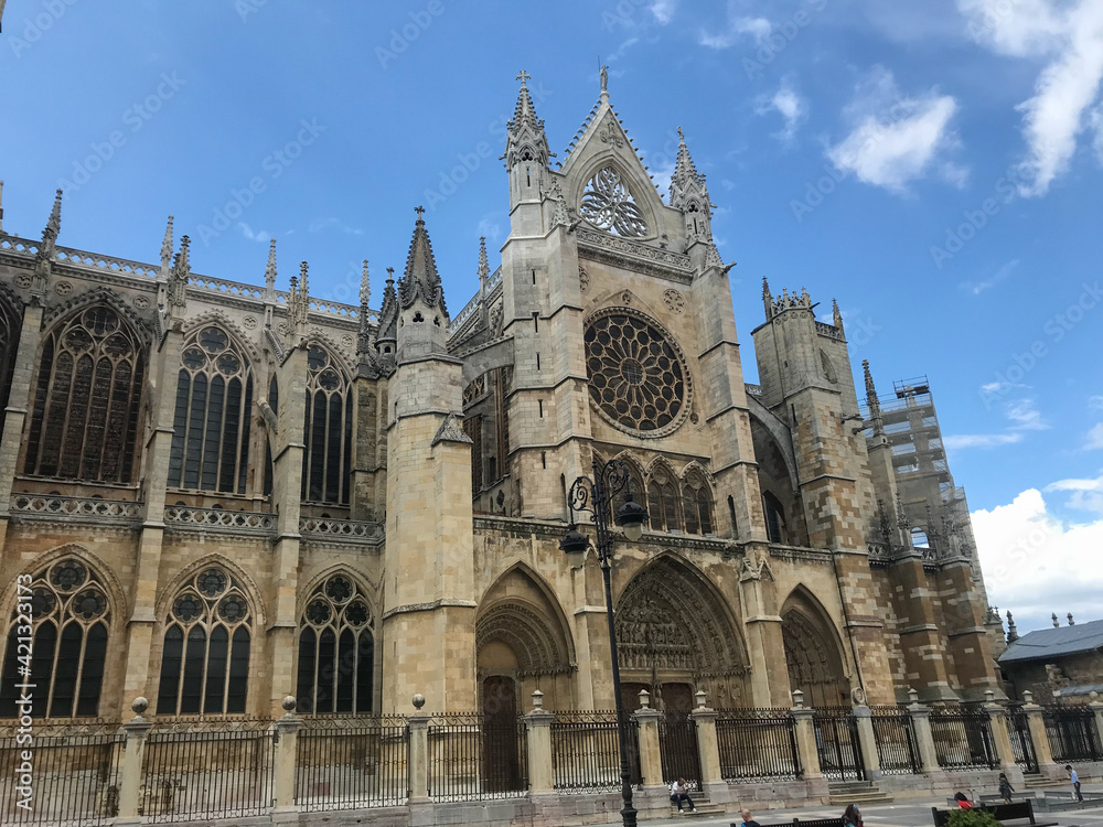 León, Spain; 19 05 2018: views of the facade of the cathedral of León.