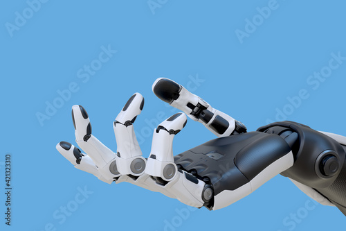Robot android hand isolated on blue background