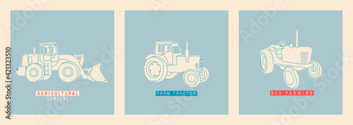 Set of vector illustrations of tractors. Simple flat, retro style. Tractor, hay harvester, harvester, agrimotor. Modern and outdated models of vehicles for agro farms. Agricultural business element.