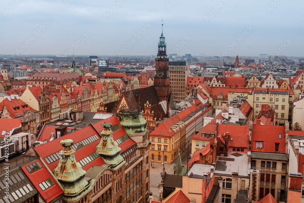 aerial view of the old district of wroclaw city in poland