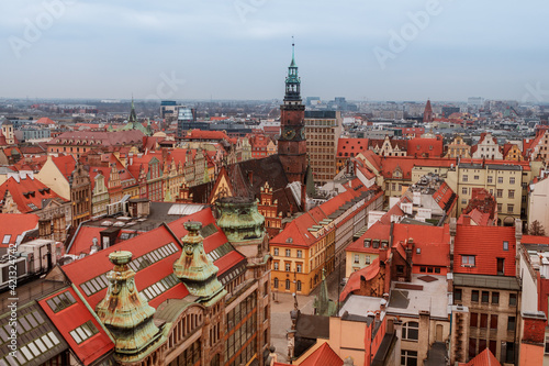 aerial view of the old district of wroclaw city in poland