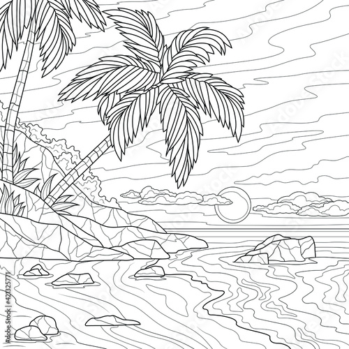 Beach and palm tree.Coloring book antistress for children and adults. Illustration isolated on white background.Zen-tangle style. Hand draw
