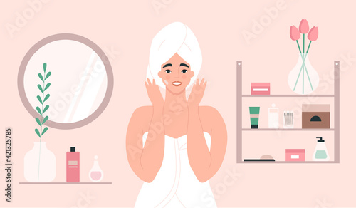Skin care routine. Young woman in a towel using a facial cream or a mask in a bathroom. Morning beauty rituals at home, self care concept. Isolated flat vector illustration with a female character