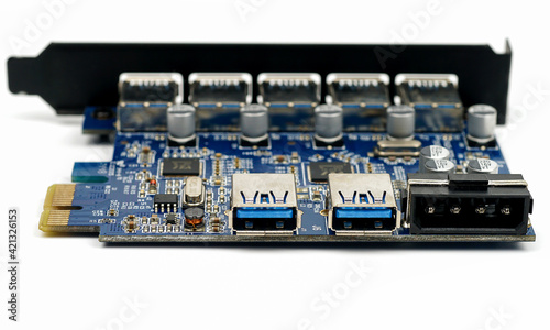 Computer  PCI-E to USB 3.0 Expasion Card on white background.             photo