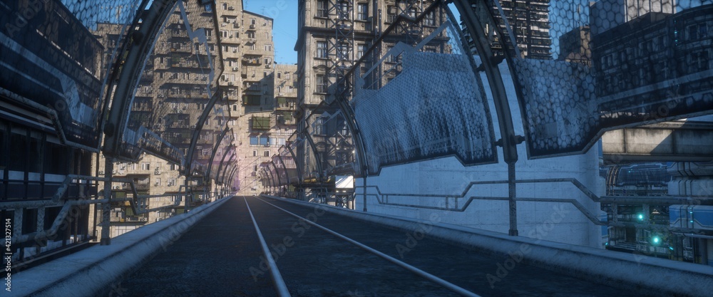 Bright sunny day in a cyberpunk city. Photorealistic 3d illustration of the futuristic city. Empty bridge among grunge buildings. Beautiful urban wallpaper. Bright sunny day in a cyberpunk city. Photorealistic 3d illustration of the futuristic city. Empty bridge among grunge buildings. Beautiful urban wallpaper.