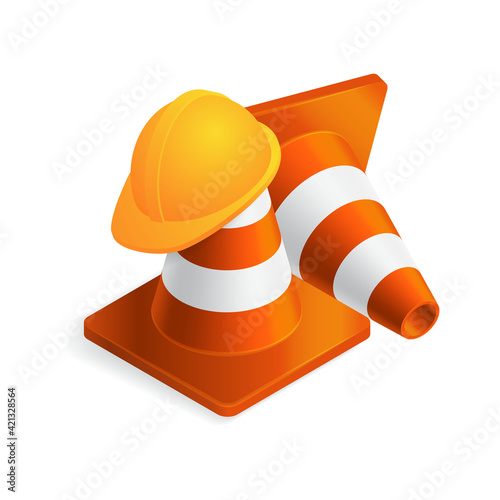 Vector illustration orange plastic traffic cone and construction helmet isolated on white background. Realistic orange road cone with hard hat icon in flat cartoon style. Under construction.