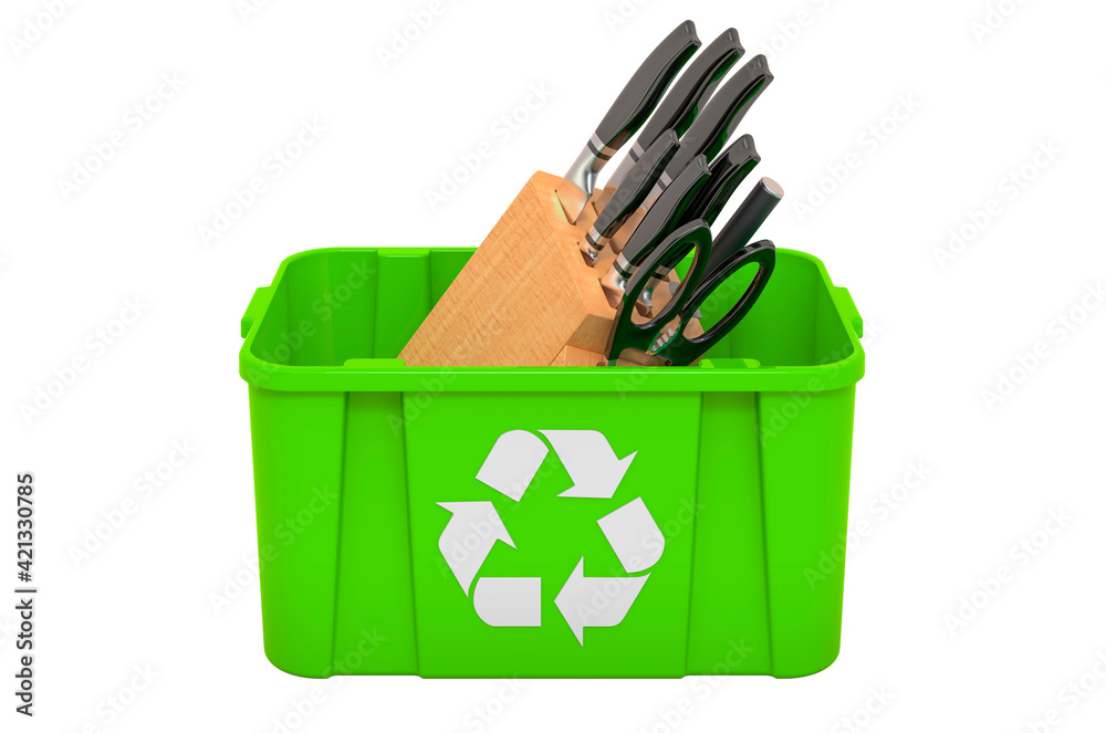 Recycling trashcan with kitchen knives, 3D rendering Recycling trashcan with kitchen knives, 3D rendering