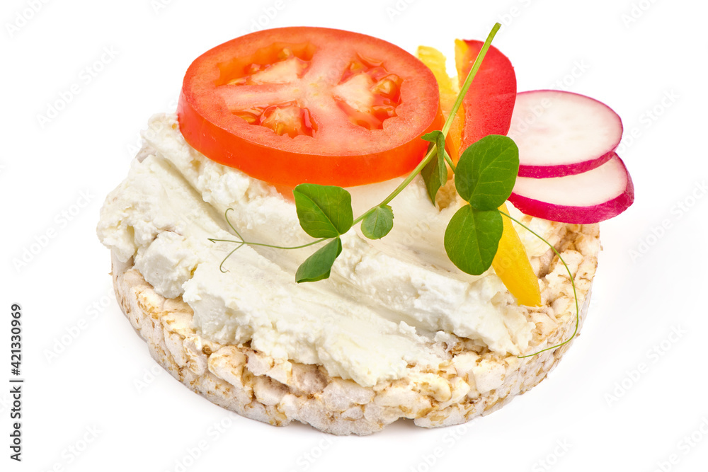 Rice cake with cream cheese and tomato slice, rice bread, isolated on ...