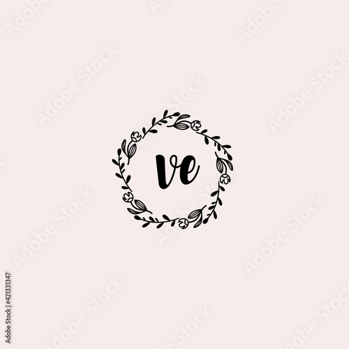 VE initial letters Wedding monogram logos, hand drawn modern minimalistic and frame floral templates