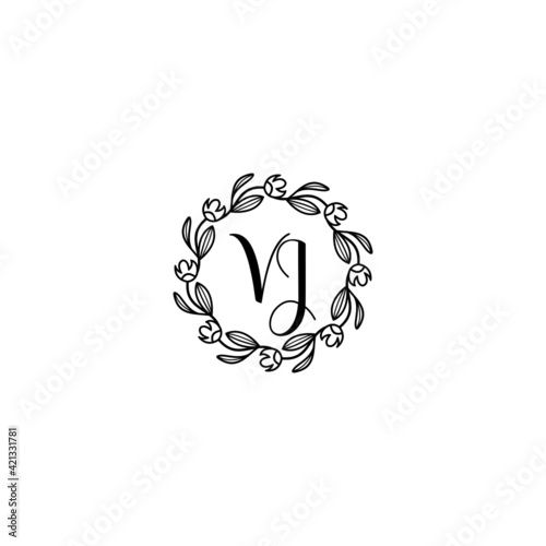 VJ initial letters Wedding monogram logos, hand drawn modern minimalistic and frame floral templates