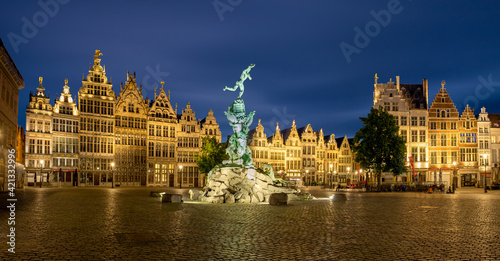 Brabo fountain at the Grote Markt square of Antwerp (Belgium) after sunset