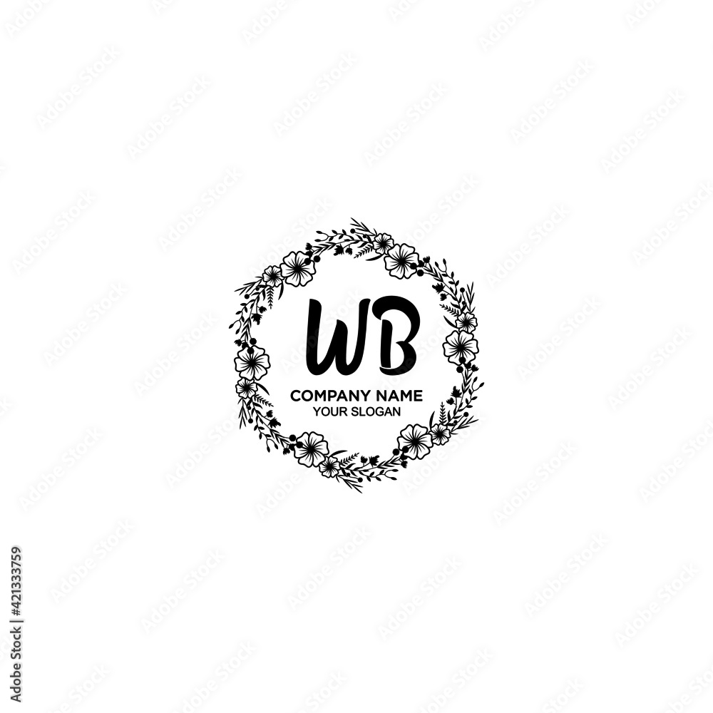 WB initial letters Wedding monogram logos, hand drawn modern minimalistic and frame floral templates