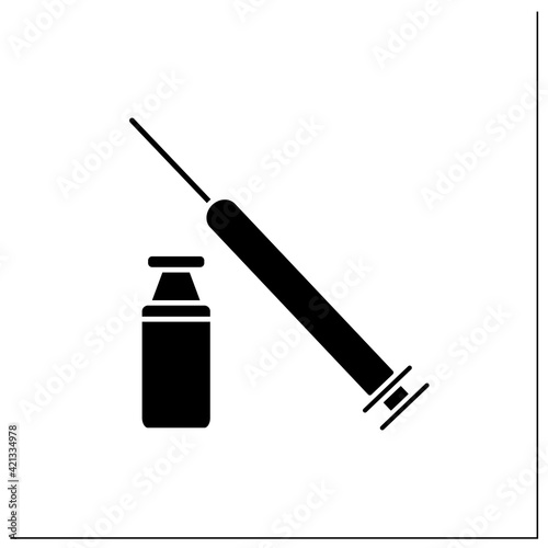 Neurotoxin injection glyph icon. Medicine vial and syringe. Full vial. Beauty injections. Vaccination. Mini-surgery. Cosmetic procedure concept.Filled flat sign.Isolated silhouette vector illustration