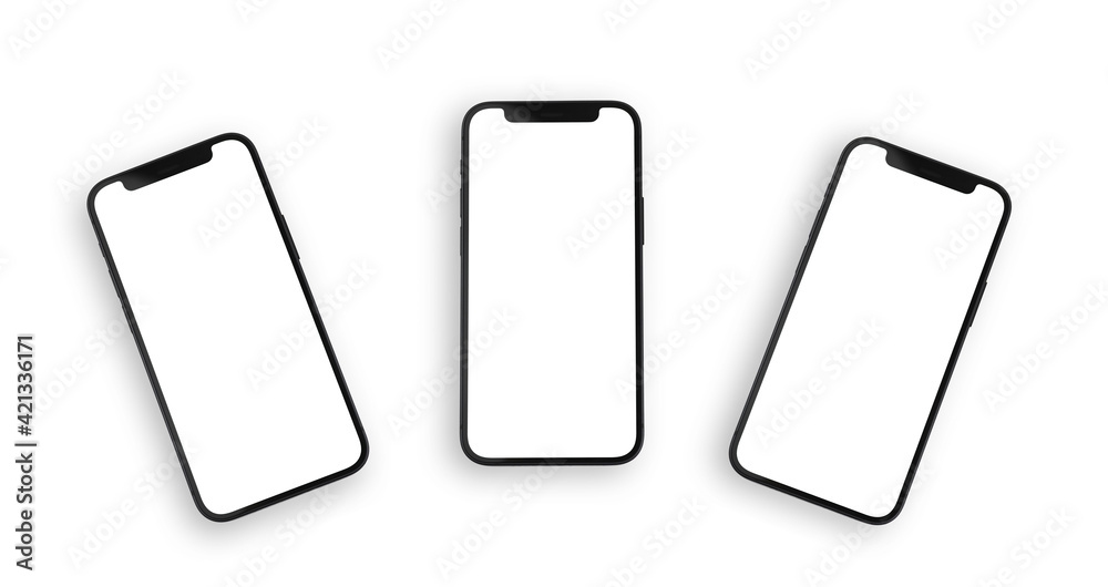 Modern smartphone mockups with blank white screens, isolated white background, template Modern smartphone mockups with blank white screens, isolated white background, template