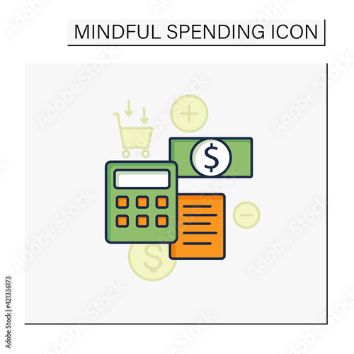 Budgeting color icon. Creating plan to spend money. Rational money distribution.Cash counting. Thoughtful spending money. Mindful spending concept.Isolated vector illustration