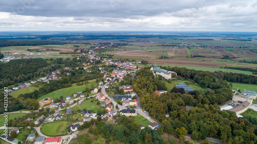A magnificent monastery with a basilica and a sanctuary on St. Anne's Mountain, a place of Christian worship in Poland in the province Silesia, aerial photos