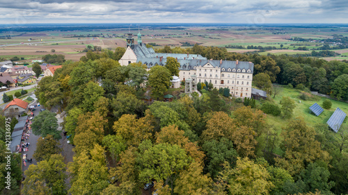 A magnificent monastery with a basilica and a sanctuary on St. Anne's Mountain, a place of Christian worship in Poland in the province Silesia, aerial photos