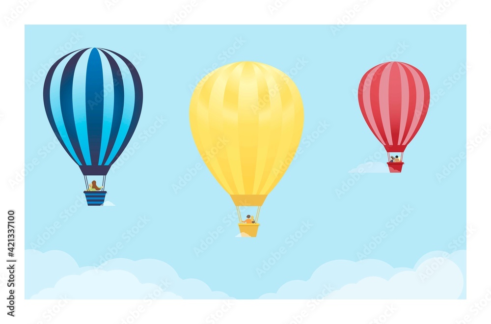 Fototapeta premium People fly on balloons against the blue sky. Romantic concept of summer travel. Hot air balloon Flight Festival. Vector flat illustration