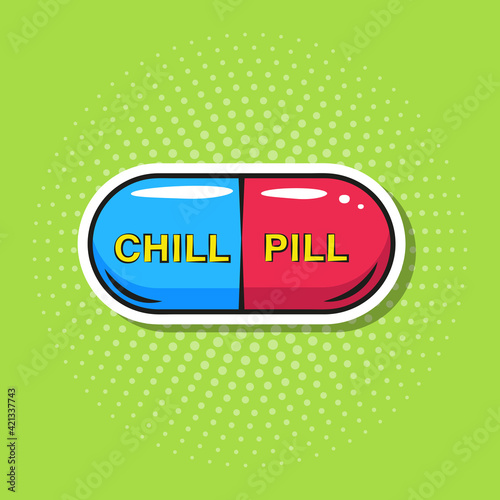 chill pill on a green background in pop art style