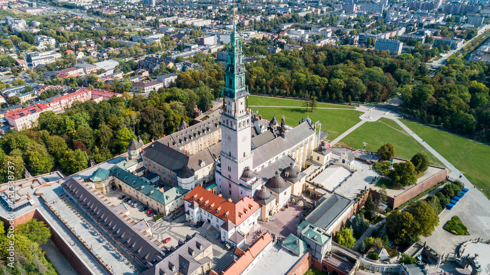 Poland, Częstochowa. Jasna Góra fortified monastery and church on the hill. Famous historic place and 
Polish Catholic pilgrimage site with Black Madonna miraculous icon. Aerial view in fall.