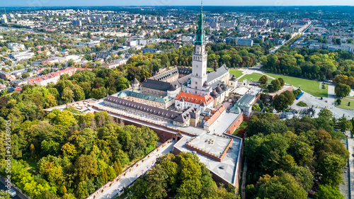 Poland, Częstochowa. Jasna Góra fortified monastery and church on the hill. Famous historic place and 
Polish Catholic pilgrimage site with Black Madonna miraculous icon. Aerial view in fall.