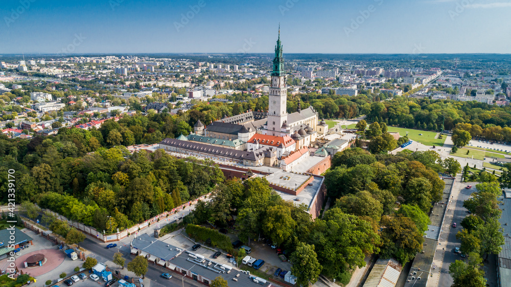 Poland, Częstochowa. Jasna Góra fortified monastery and church on the hill. Famous historic place and 
Polish Catholic pilgrimage site with Black Madonna miraculous icon. Aerial view in fall.