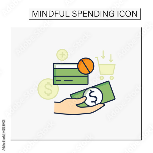 Use cash color icon. Pay purchases in cash. Hand holds money. Dont use credit card.Mindful spending concept.Isolated vector illustration