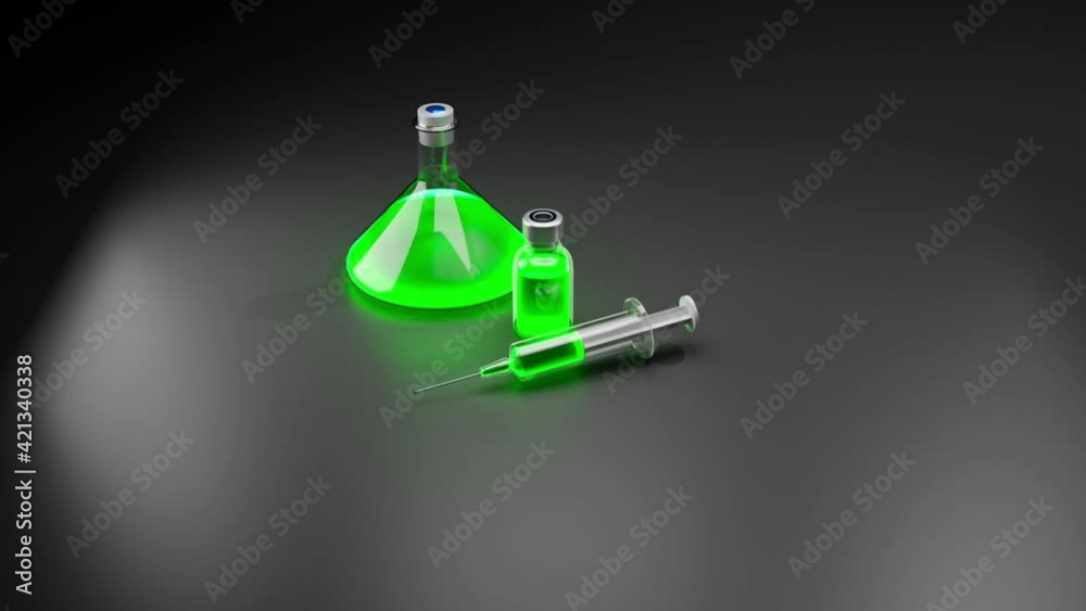 3D Animation of a chemical in a Erlenmeyer flask, a syringe and a vaccine vial.
