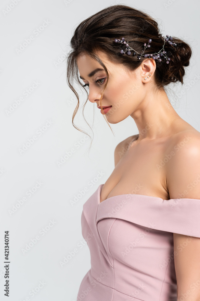 charming fiancee with naked shoulders posing isolated on grey charming fiancee with naked shoulders posing isolated on grey