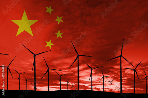 Sticker China flag wind farm at sunset, sustainable development, renewable energy
