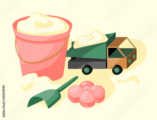 Shovel,truck, mold and bucket in the sand, toys vector illustration