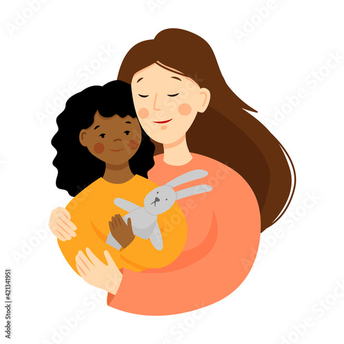 Happy young woman with adopted baby. Portrait of a mother and african kid in flat style. Multiracial family. Mothers day. 